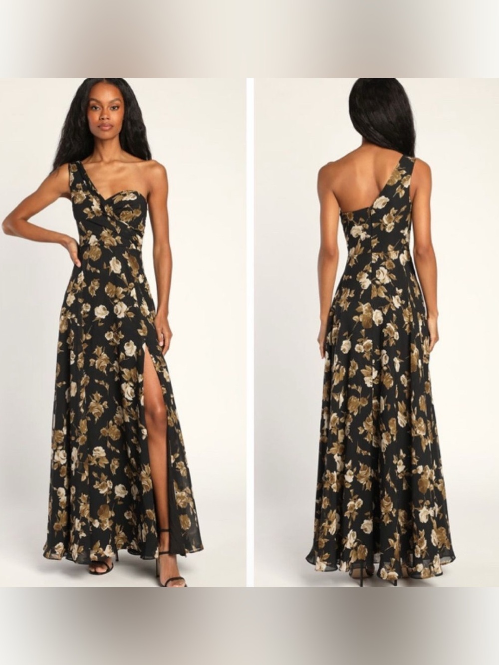 Lulu's Black One-Shoulder Floral High-Low Dress with Gold Flowers